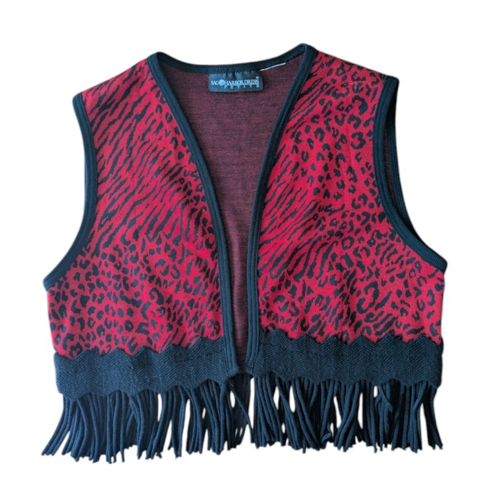 Sag‎ Harbor Red & Black Animal Print Sweater Vest Whimsygoth Festival Fringe